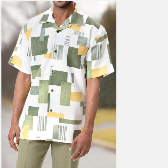 NEW Montique Geo Design Outfit Green Men's '2 piece suit SHIRT W PANT M , 34 - Picture 1 of 17